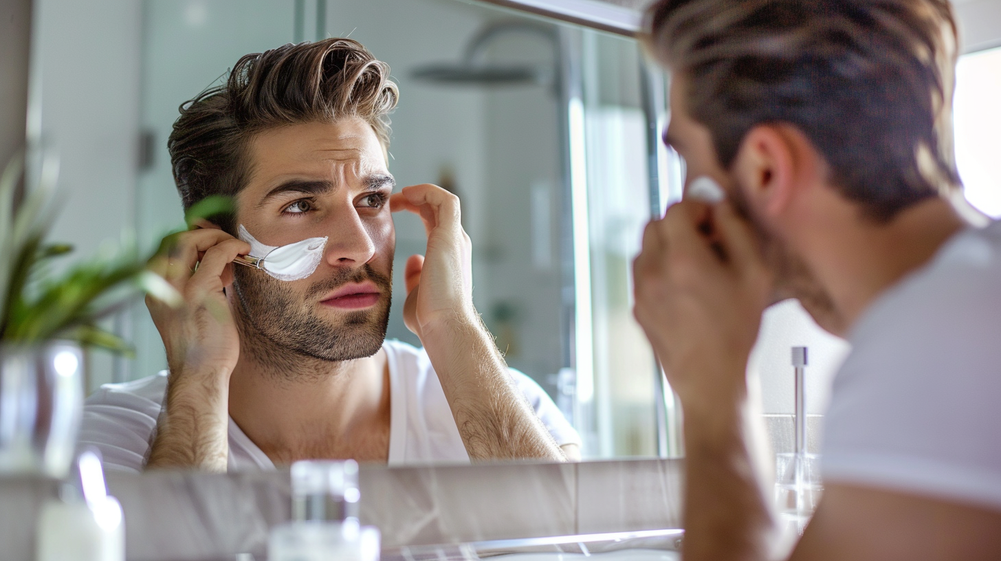 hombre usando crema facial