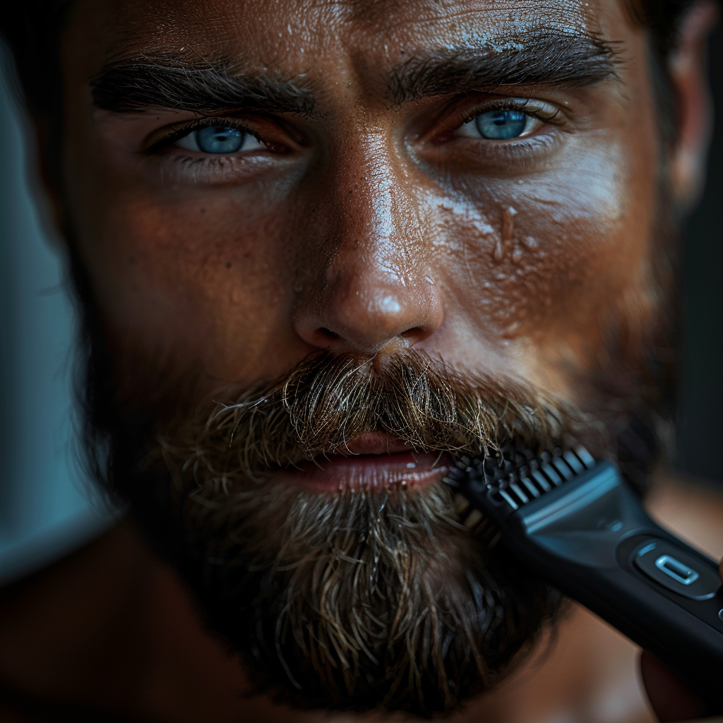 Hombre perfilando su barba con recortadora eléctrica de precisión, parte de la rutina de cuidado personal masculino