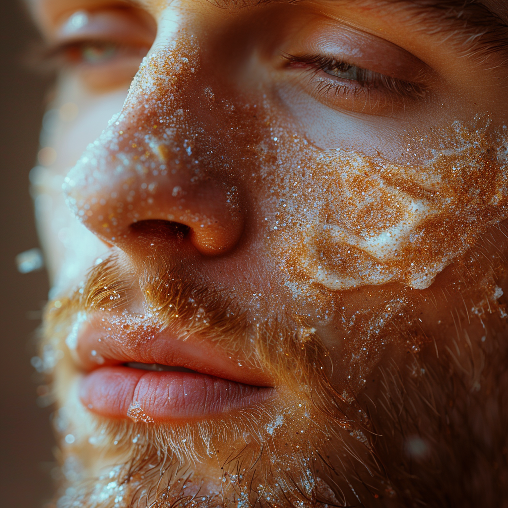 Hombre aplicando exfoliante con textura granulada en las mejillas, rutina de skincare para eliminar células muertas