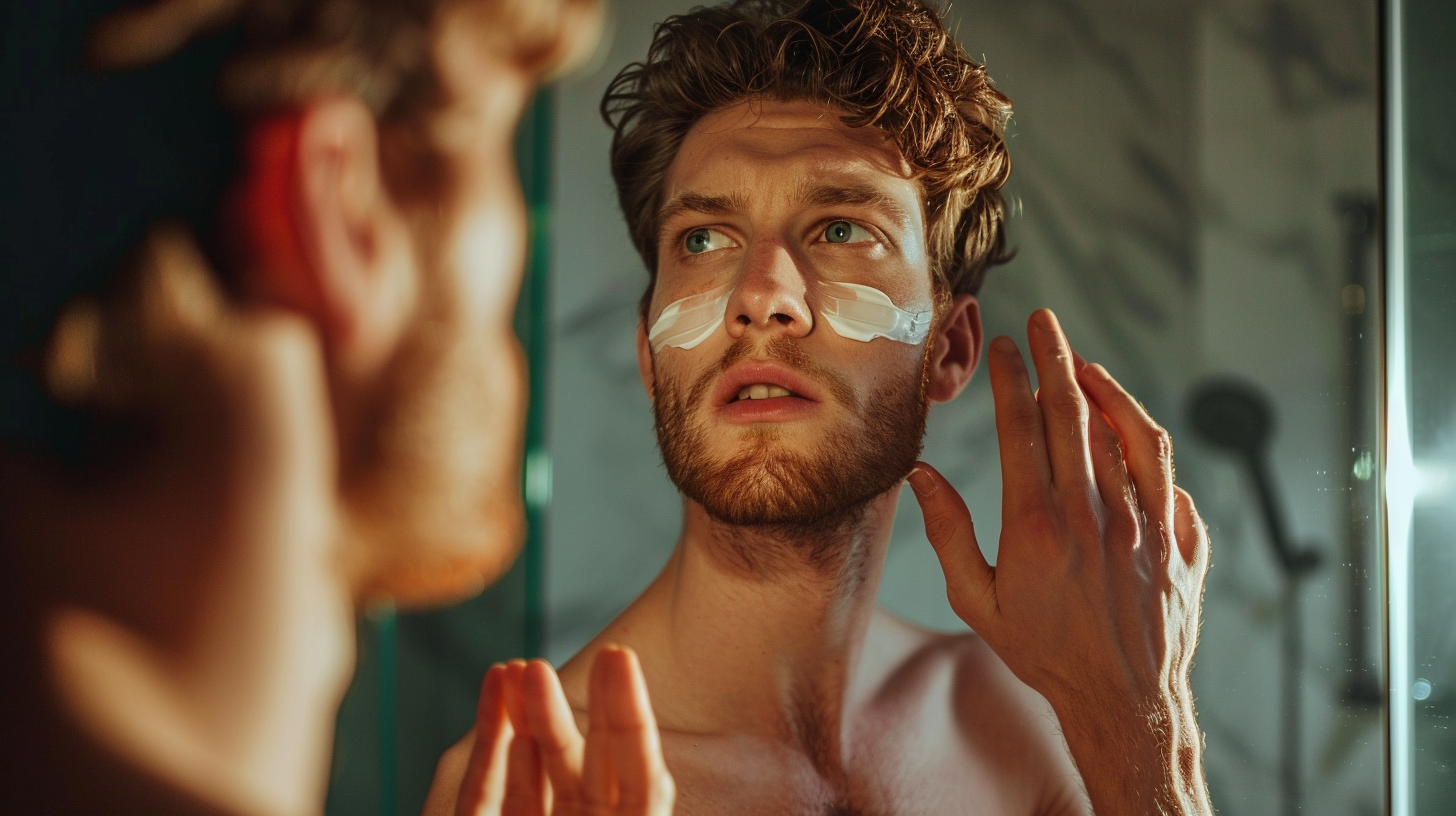 Hombre aplicando crema facial hidratante en el baño