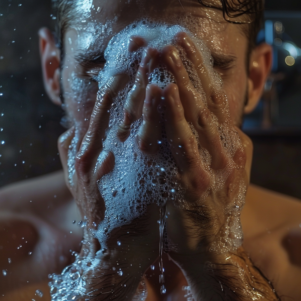 Hombre en la ducha lavándose las axilas con jabón, rutina de higiene diaria masculina