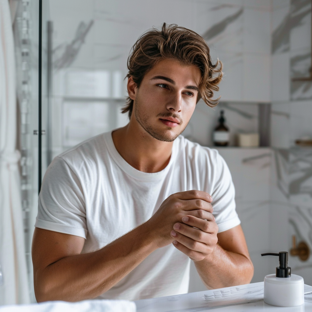 Hombre minimalista con camiseta blanca aplicando desodorante stick