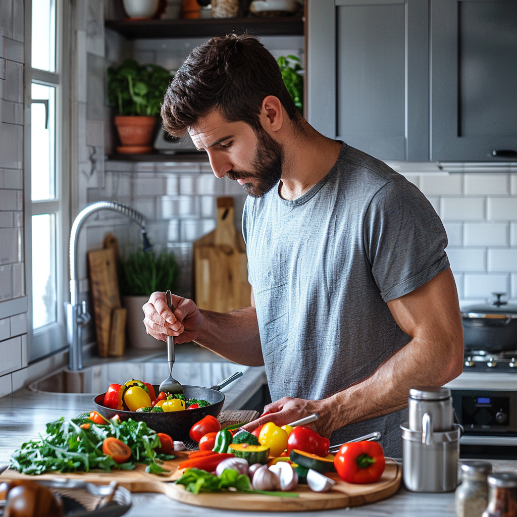 Hombre cocinando verduras y proteínas en una cocina moderna, ejemplo de alimentación equilibrada para evitar mal olor corporal