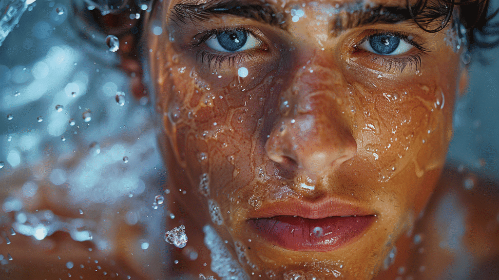 Primer plano de un hombre lavando su rostro con espuma limpiadora, paso inicial de la rutina de cuidado facial masculino