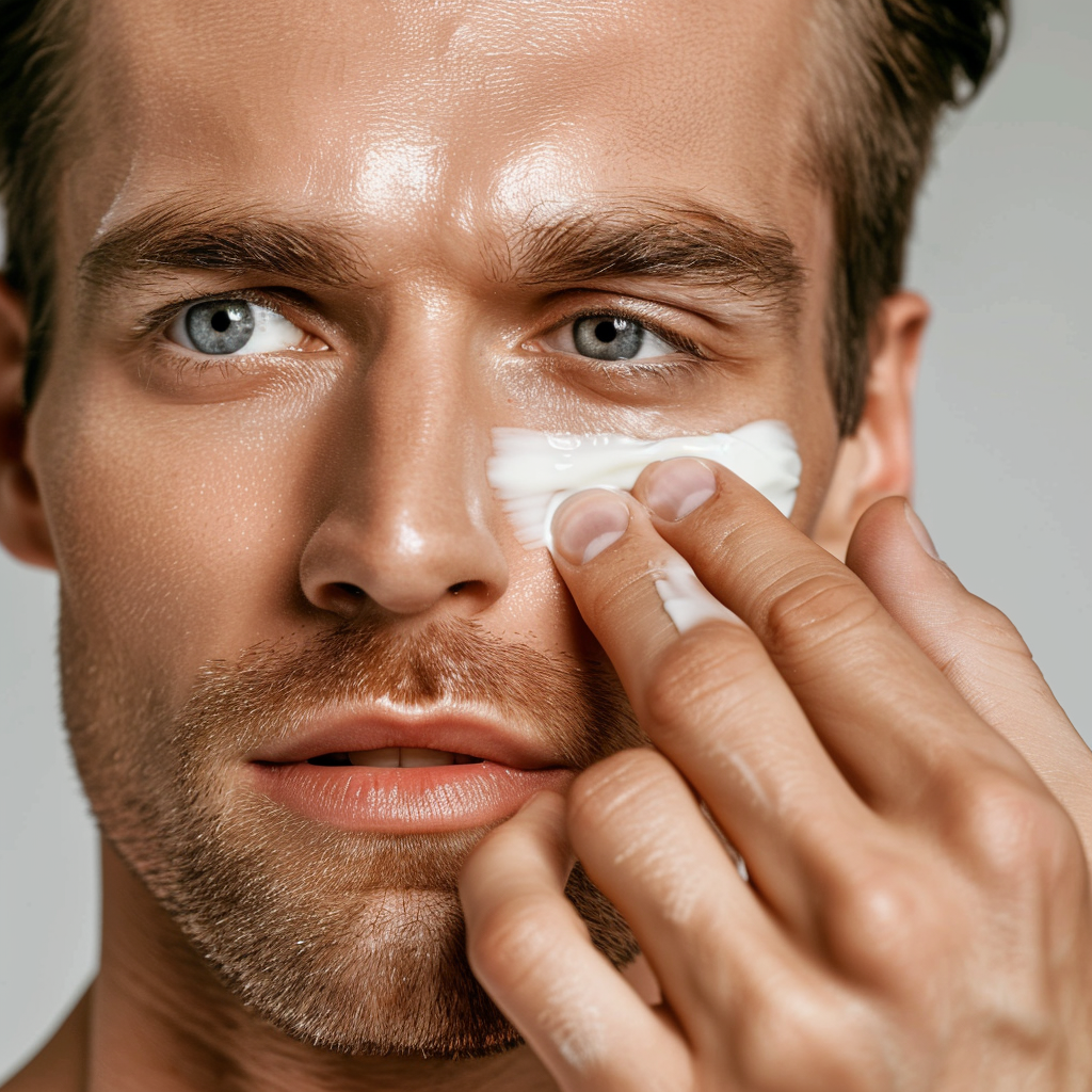 Primer plano de un hombre aplicándose crema en el rostro