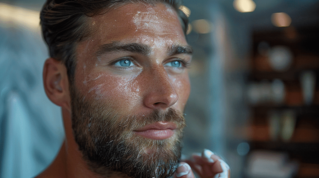 Hombre moderno con barba cuidada aplicando crema facial frente al espejo, inicio de rutina de skincare masculina