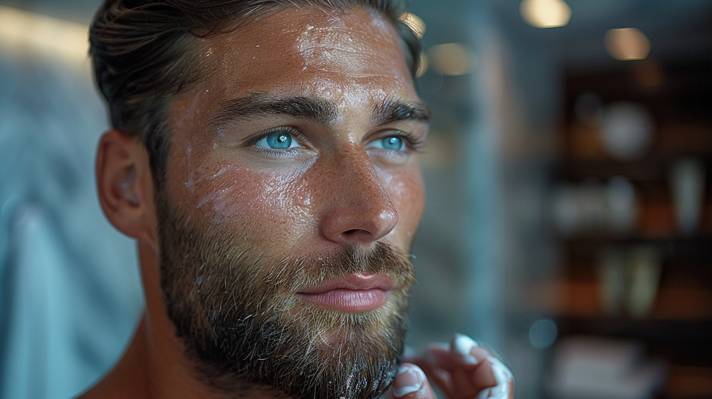 Hombre moderno con barba cuidada aplicando crema facial frente al espejo, inicio de rutina de skincare masculina