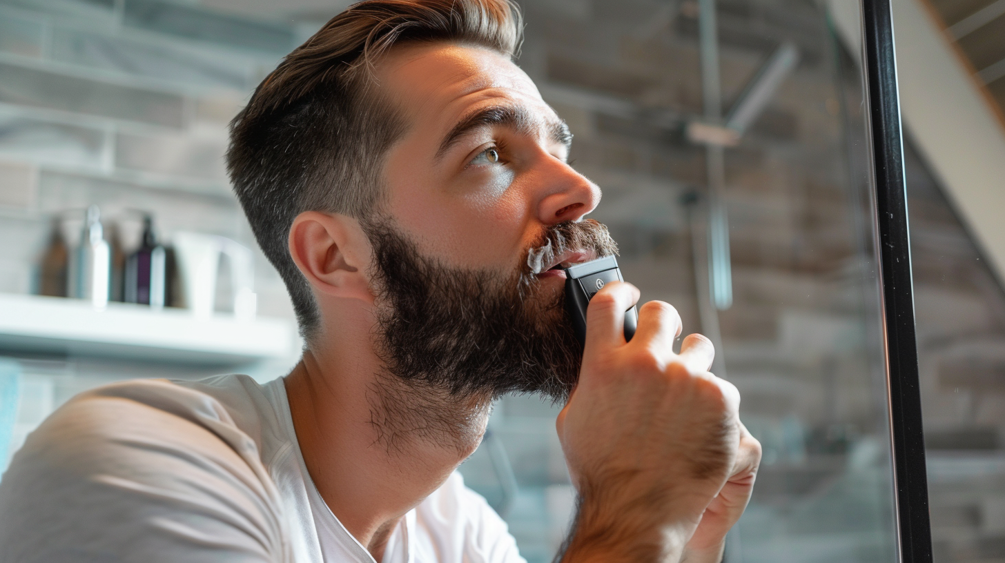 Hombre recortándose la barba con recortadora eléctrica en el baño