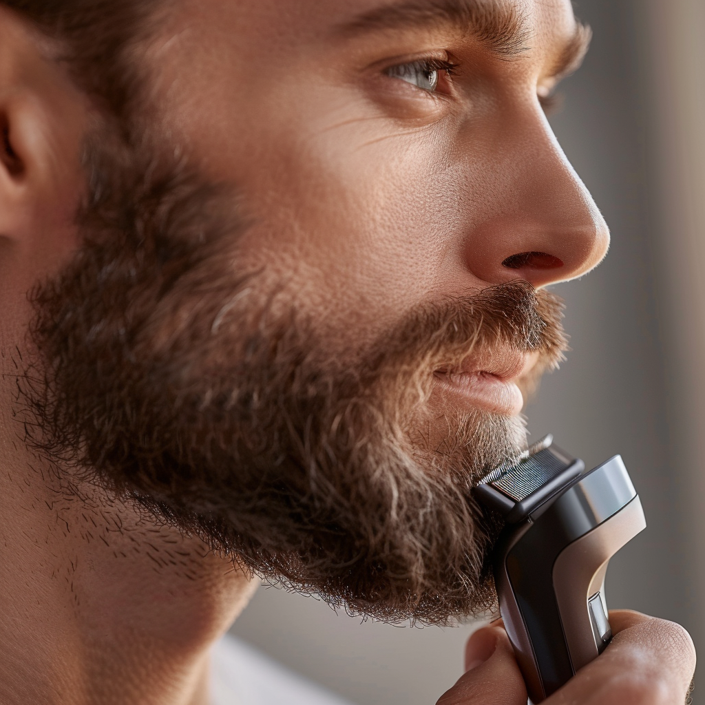 Detalle de recortadora de barba en uso sobre el rostro