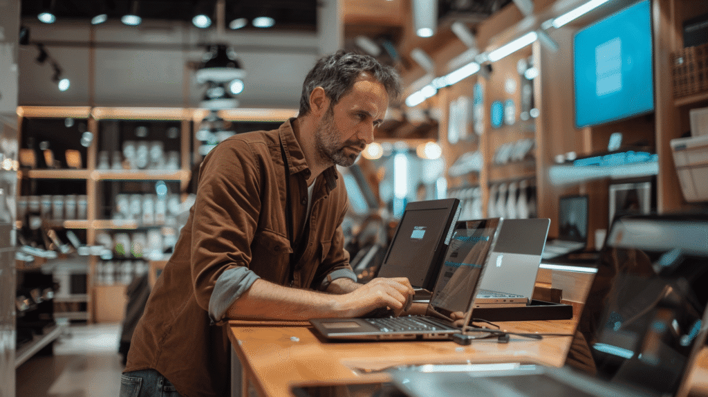 Hombre comparando portátiles en tienda