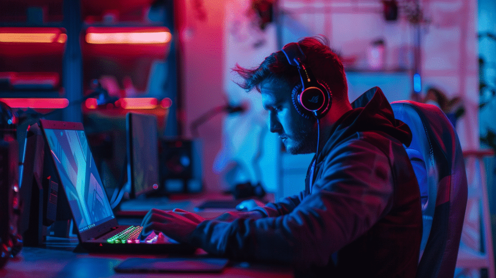 Hombre jugando en portátil gaming con luces RGB