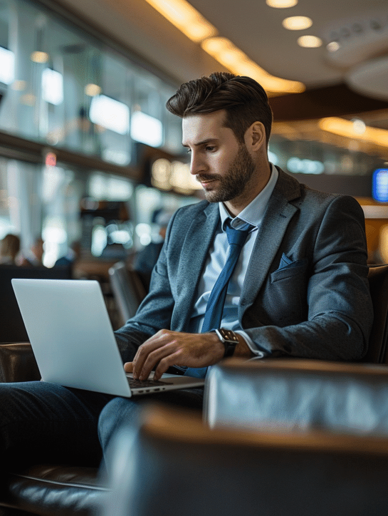 Ejecutivo trabajando con portátil en aeropuerto