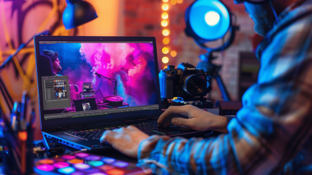 Diseñador editando fotos en portátil profesional