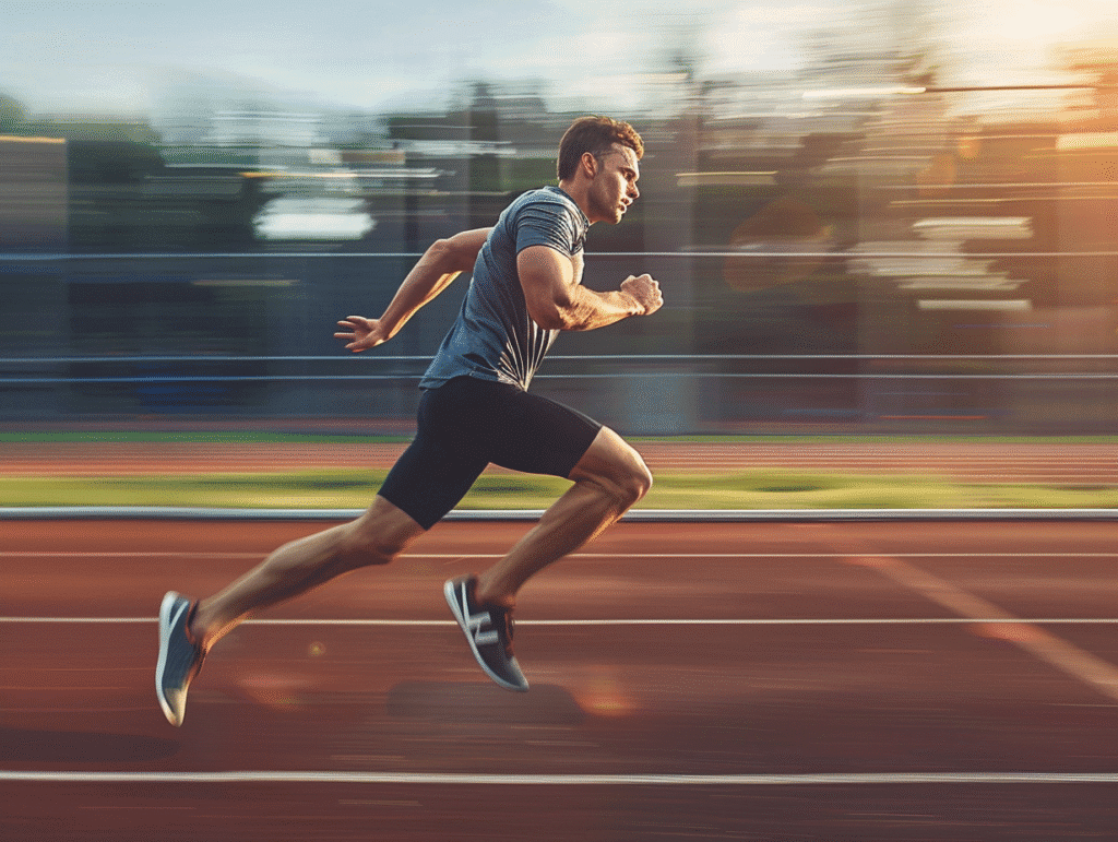 Hombre corriendo en pista con zapatillas ligeras de competición