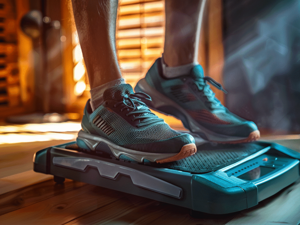 Hombre comprobando su peso corporal con zapatillas deportivas