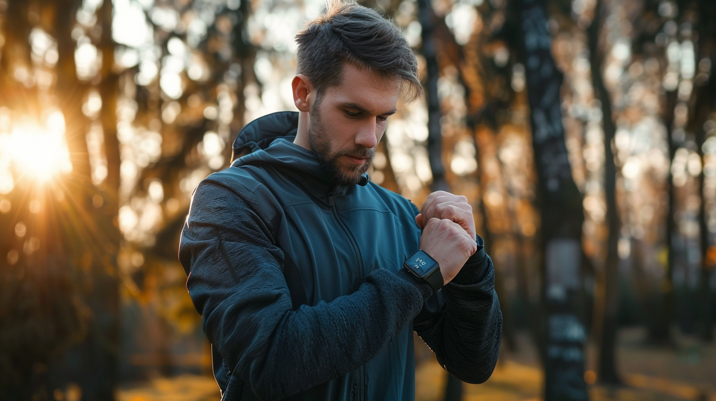 Hombre deportivo comprobando su pulsera de actividad al aire libre