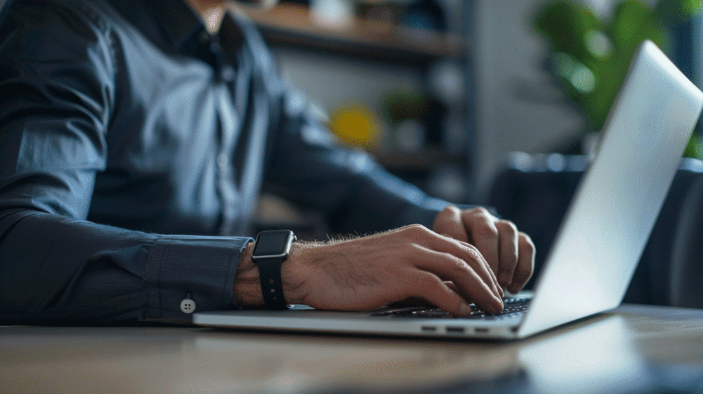 Hombre con traje informal trabajando en oficina con pulsera inteligente