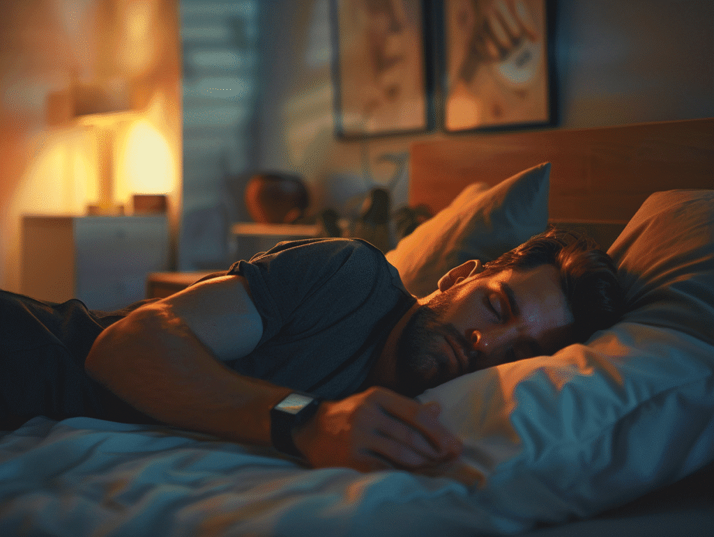 Hombre descansando con pulsera inteligente que monitoriza el sueño