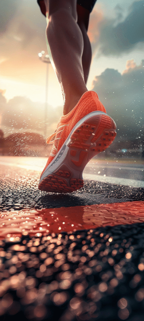 Zapatillas de running masculinas sobre una pista urbana iluminada por el amanecer, con estética deportiva moderna y realista que transmite energía y estilo